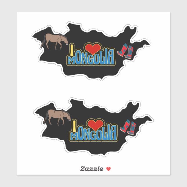 Sticker I Love Mongolie Carte Bottes Gutales de Cheval Mon (Feuille)