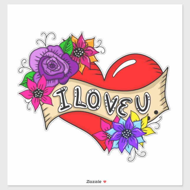 Sticker I Love You Tattoo Art Style Heart Mariage Car (Feuille)