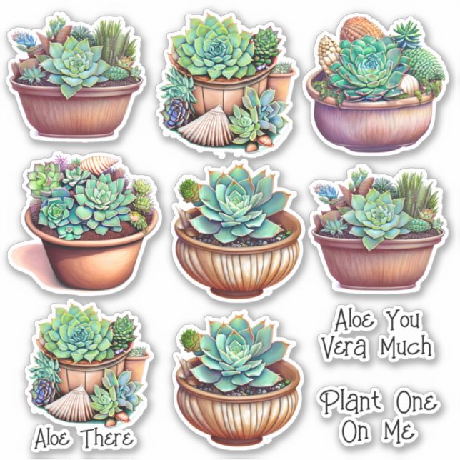 Sticker Illustration d'aquarelle mignonne Aloe Vera et Pun (Devant)