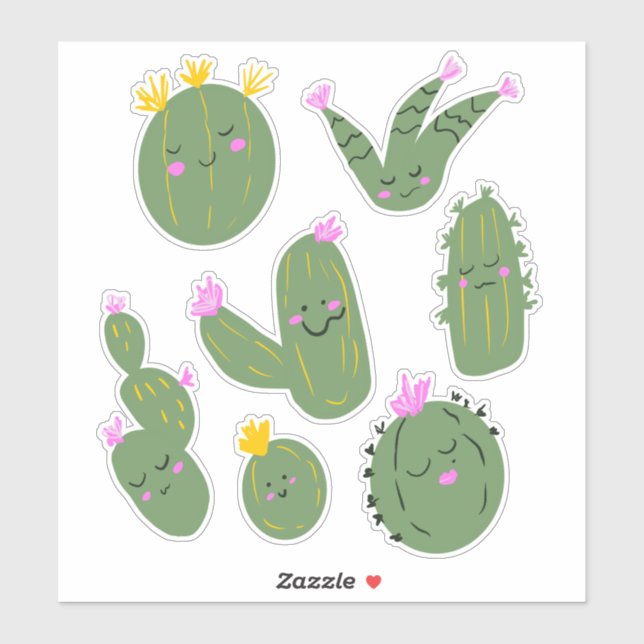 Sticker Illustration de cactus mignons ensemble autocollan (Feuille)