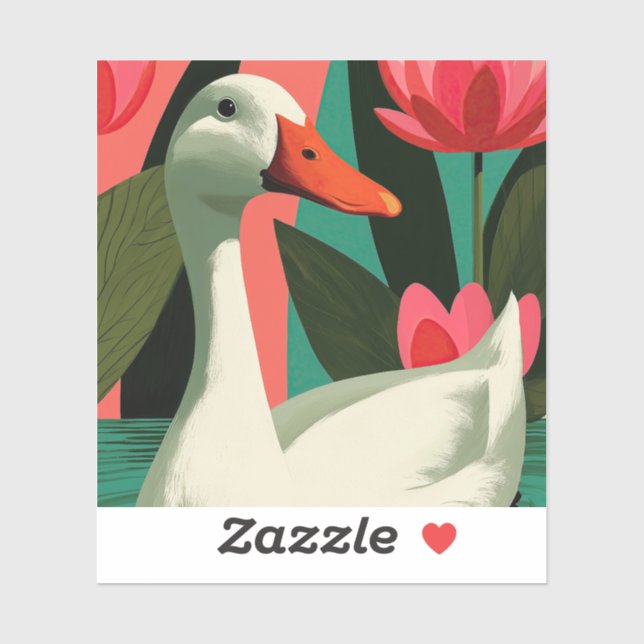 Sticker Illustration de canard blanc dans un étang de lotu (Feuille)