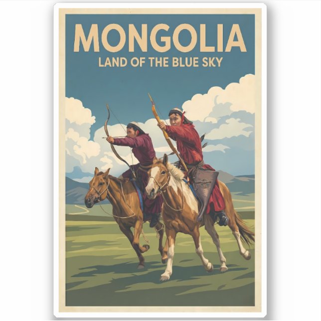 Sticker Illustration de cavaliers de Mongolie Art de voyag (Devant)