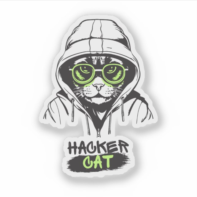 Sticker Illustration de chat hacker mignon – Cadeau de cyb (Devant)