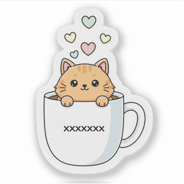 Sticker Illustration de chat kawaii et cœurs de café (Devant)