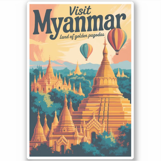 Sticker Illustration de pagodes du Myanmar Art de voyage v (Devant)
