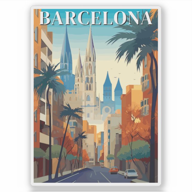 Sticker Illustration de voyage rétro à Barcelone (Devant)