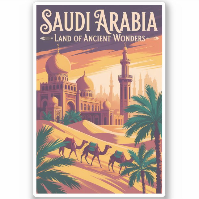 Sticker Illustration de voyage rétro sur le désert d'Arabi (Devant)