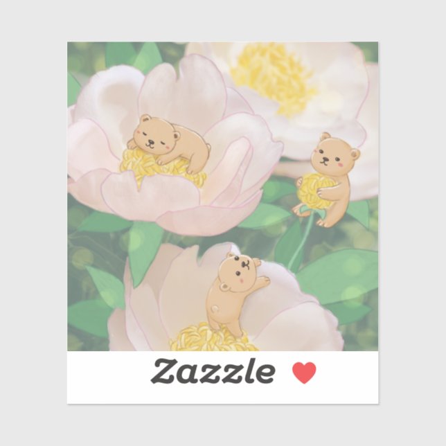 Sticker Illustration d'ours en peluche et de fleurs (Feuille)