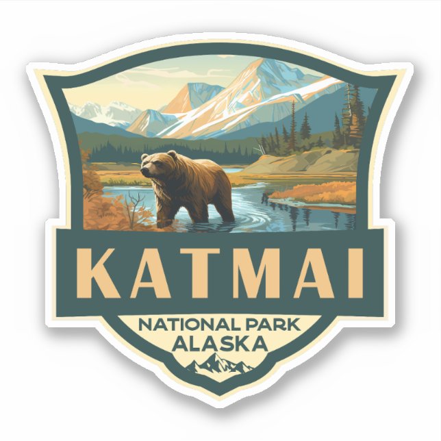 Sticker Illustration du parc national de Katmai Badge rétr (Devant)