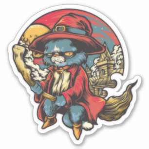 Sticker Illustration d'une sorcière de chatte volant