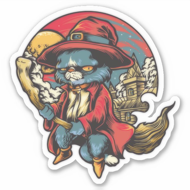 Sticker Illustration d'une sorcière de chatte volant (Devant)