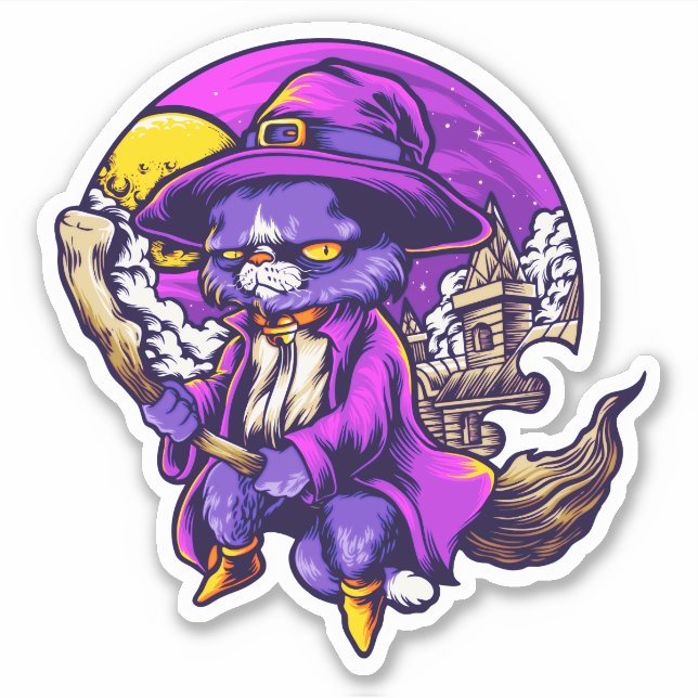 Sticker Illustration d'une sorcière de chatte volant (Devant)