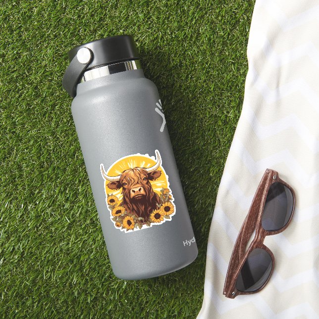 Sticker Illustration d'une vache des Highlands avec Sunflo (HydroFlask Insitu)