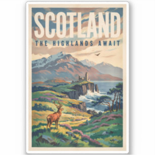 Sticker Illustration Rétro de Cerf des Highlands Écossais