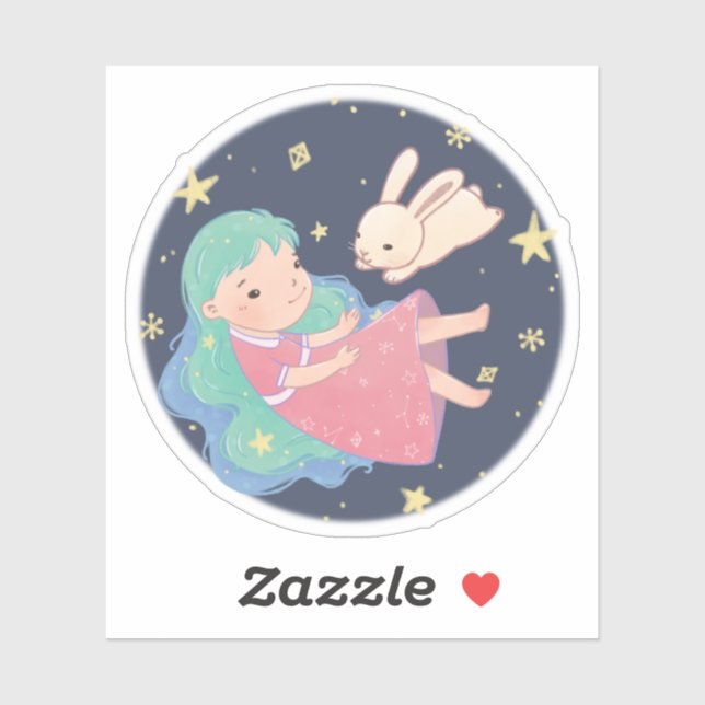 Sticker Illustration Starry Night Bunny & Girl (Feuille)