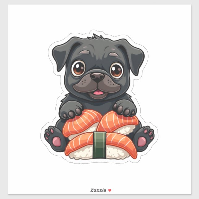Sticker Illustration vectorielle de sushi de pug noir mign (Feuille)