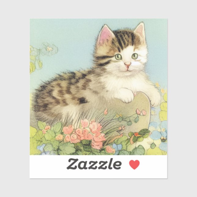 Sticker Illustration vintage de chat avec fleurs roses (Feuille)