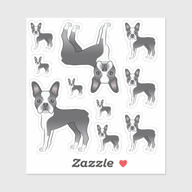 Sticker Illustrations de chien Boston Terrier bleu et blan (Feuille)