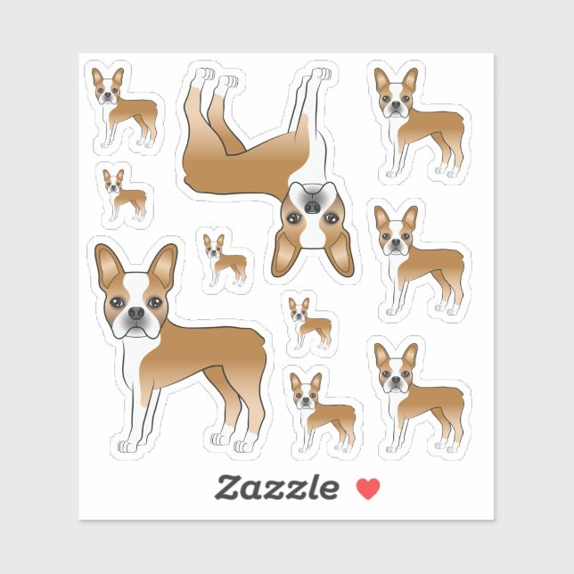 Sticker Illustrations de chien Boston Terrier fauve et bla (Feuille)