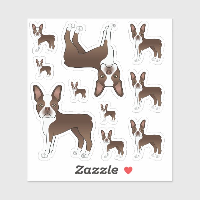 Sticker Illustrations de chien Boston Terrier marron et bl (Feuille)