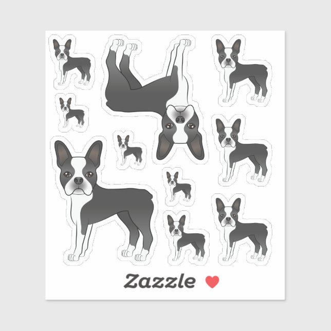Sticker Illustrations de chien Boston Terrier noir et blan (Feuille)
