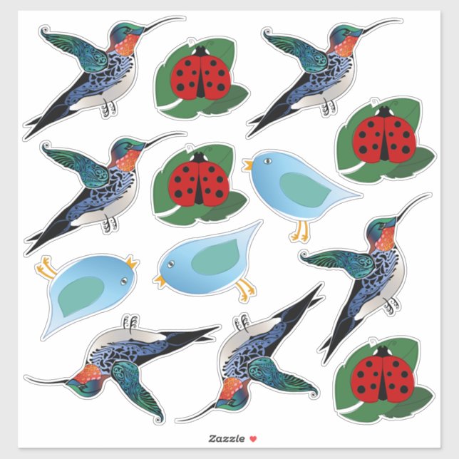 Sticker Illustrations de coccinelle d'oiseau-colibri (Feuille)