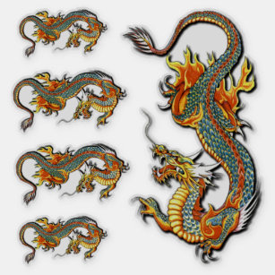 Sticker Imaginaire Vintage coloré Feu Dragon Tattoo Art