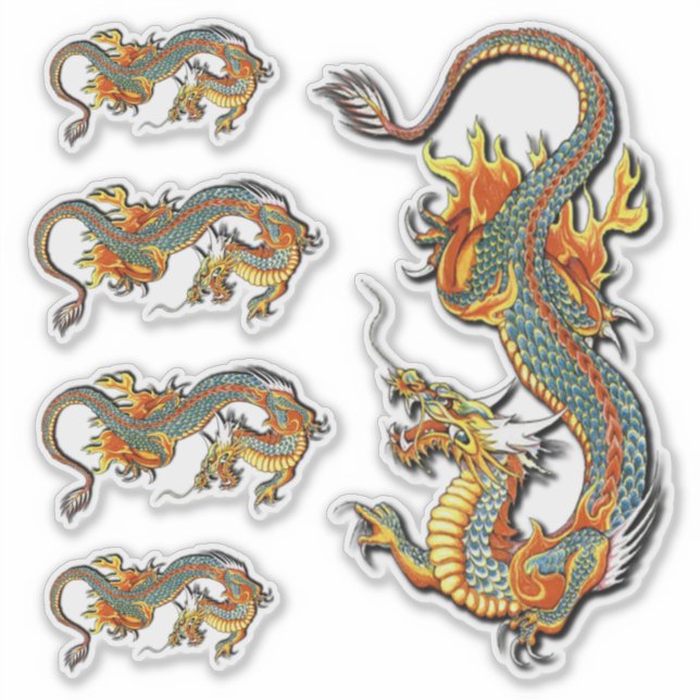 Sticker Imaginaire Vintage coloré Feu Dragon Tattoo Art (Devant)