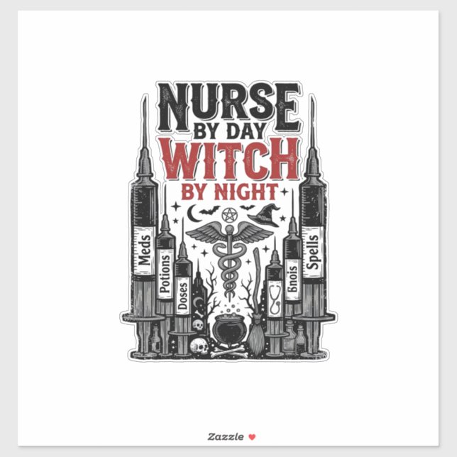 Sticker Infirmière le jour sorcière la nuit Design Hallowe (Feuille)