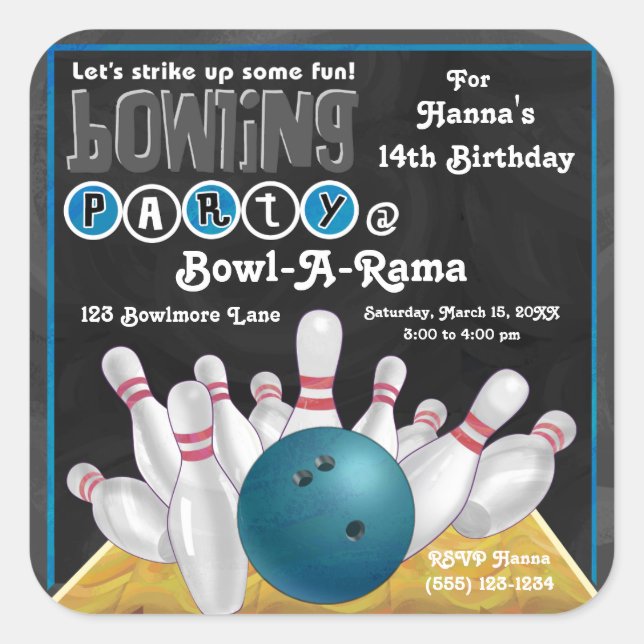 Sticker Invitation Blue Bowling Party (Devant)