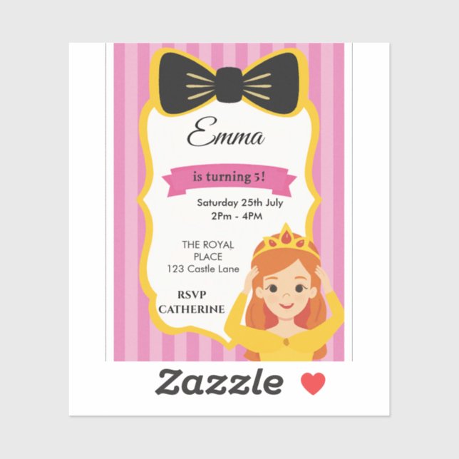 Sticker Invitation d'anniversaire de la princesse rose | z (Feuille)