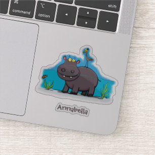 Sticker Ippopotame drôle mignon avec dessin animé d'oiseau