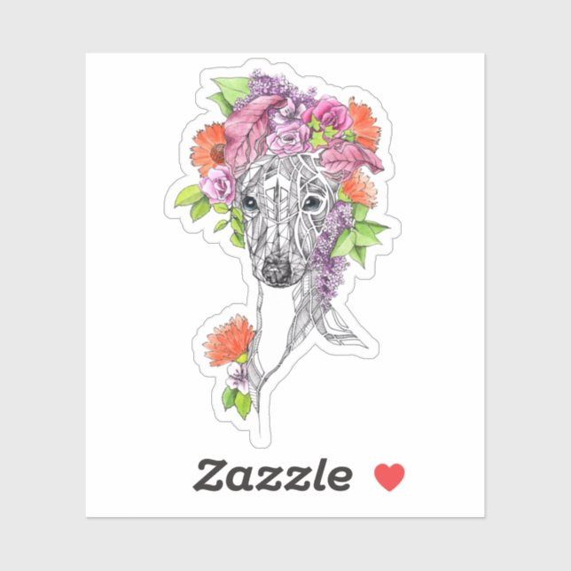 Sticker Italien greyhound whippet chien portrait fleurs ar (Feuille)