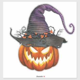 Sticker Jack-O-Lantern éffrayant avec Casquette de sorcièr