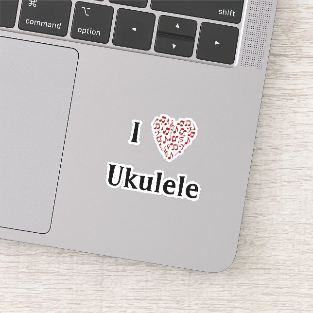 Sticker J'adore Ukulele Rouge Cœur de Notes de Musique Vin (Détail)