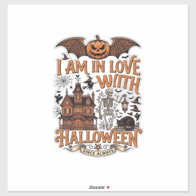 Sticker J'aime Halloween Maison Hantée Squelette Citrouill (Feuille)