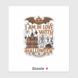 Sticker J'aime Halloween Maison Hantée Squelette Citrouill