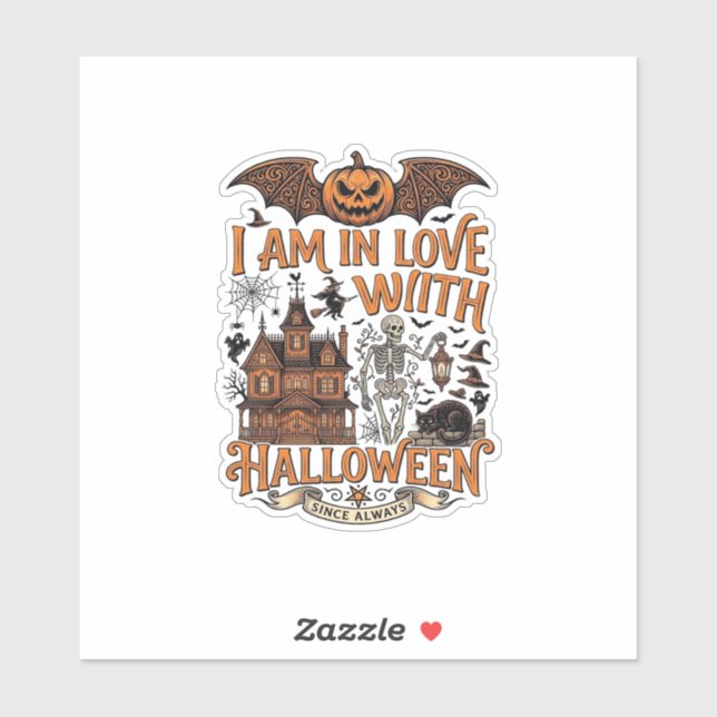 Sticker J'aime Halloween Maison Hantée Squelette Citrouill (Feuille)