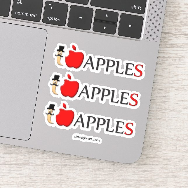 Sticker J'aime les pommes drôles ver avec la moustache (Détail)