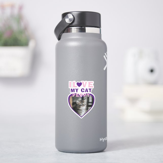 Sticker J'aime mon chat rose Coeur Photo Nom de l'animal (HydroFlask)