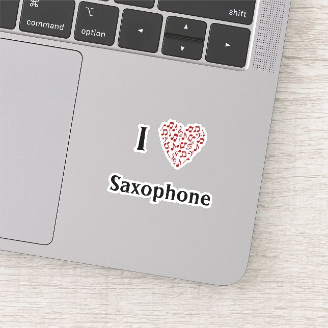 Sticker J'aime Saxophone Cœur Rouge Notes de Musique Vinyl (Détail)
