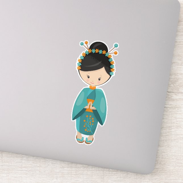 Sticker Japonaise, Japon, fille mignonne, Kimono bleu (Détail)