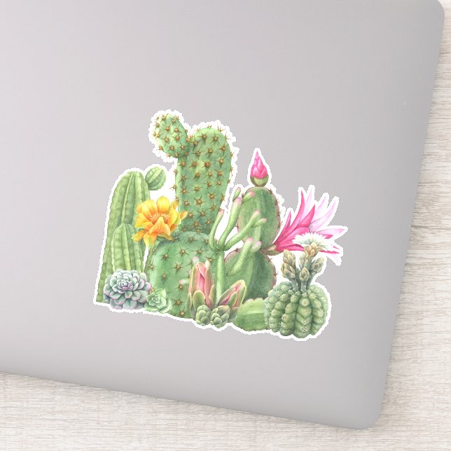 Sticker Jardin de cactus en fleurs aquarelle désert du sud (Détail)