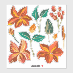 Sticker Jaune rouge abstrait fleuri et vert feuilles moder