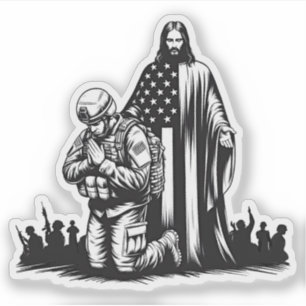 Sticker Jésus Christ avec un soldat militaire prier art