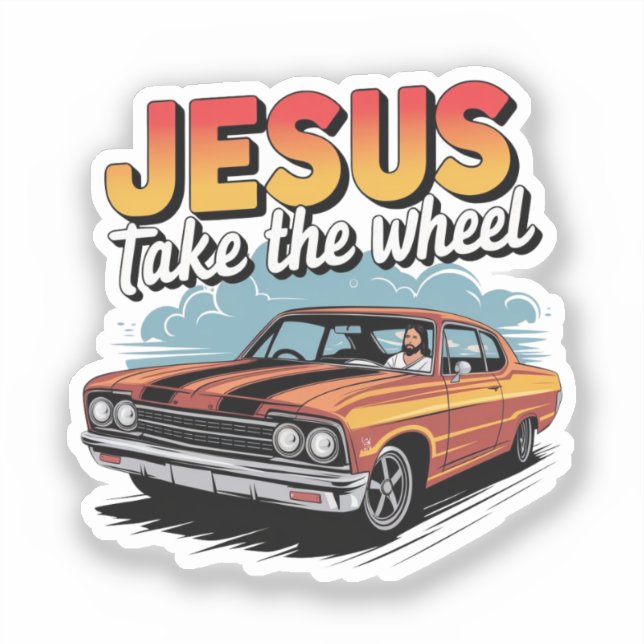 Sticker Jésus Prend le Volant Voiture Musclée Vintage (Recto)
