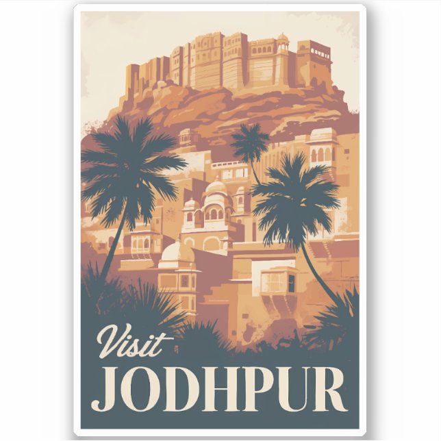 Sticker Jodhpur Inde Illustration Voyage Art Vintage (Devant)
