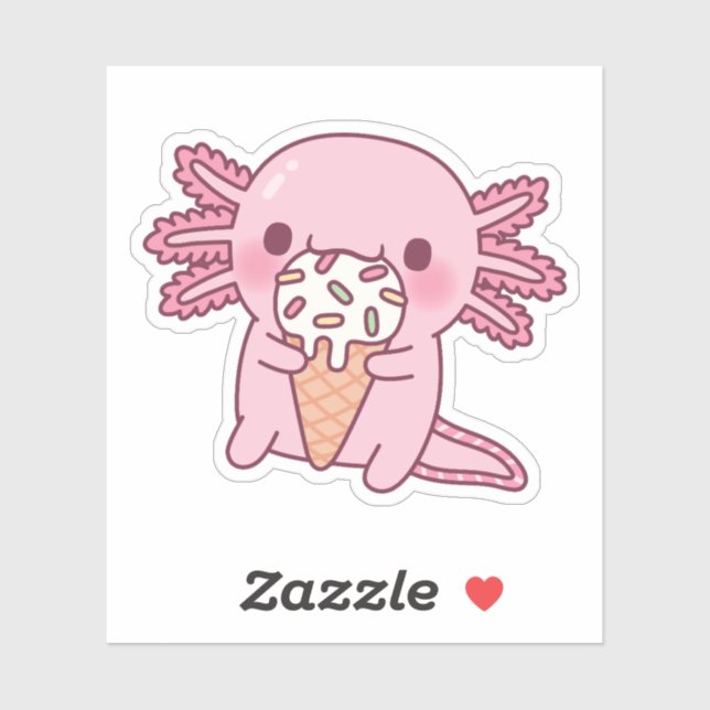 Sticker Joli Axolotl Mangeant une Crème Glacée avec des Pa (Feuille)