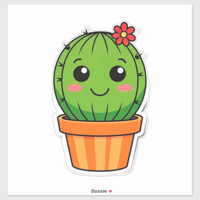 Sticker Joli cactus de dessin animé en pot avec fleur  (Feuille)