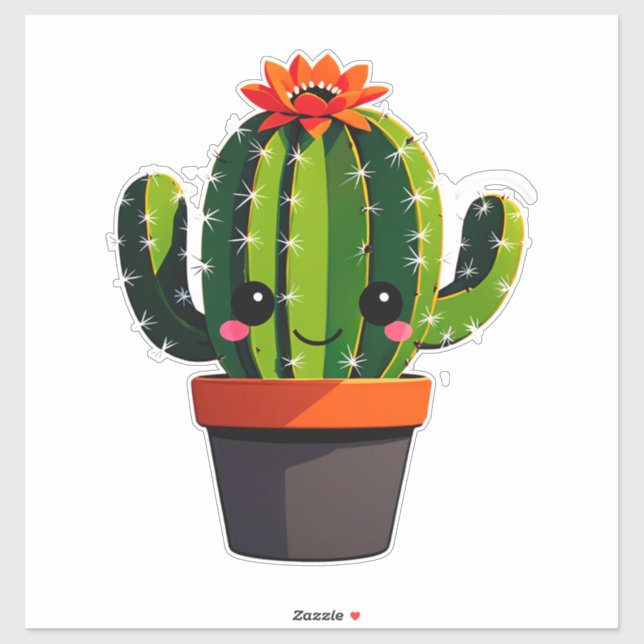 Sticker Joli cactus de dessin animé en pot avec fleur  (Feuille)